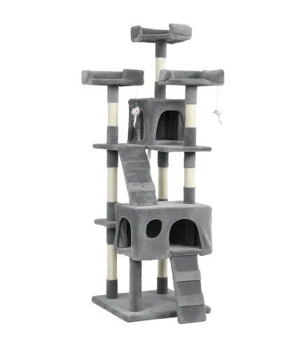 Árbol Rascador para Gatos Árbol para Gatos 153 cm con 2 Cuevas 3 Camas 2 Rampas Postes de Sisal Ratones Colgantes Gris
