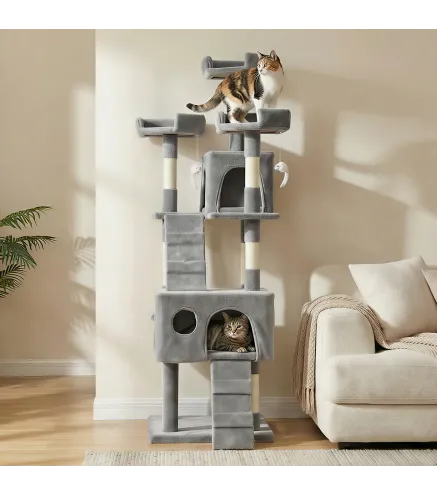Árbol Rascador para Gatos Árbol para Gatos 153 cm con 2 Cuevas 3 Camas 2 Rampas Postes de Sisal Ratones Colgantes Gris