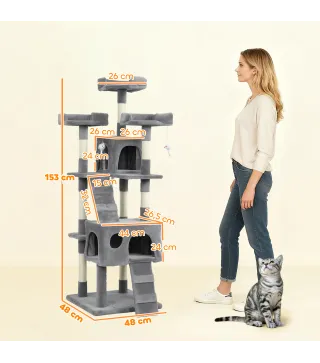 Árbol Rascador para Gatos Árbol para Gatos 153 cm con 2 Cuevas 3 Camas 2 Rampas Postes de Sisal Ratones Colgantes Gris