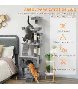 Árbol Rascador para Gatos Árbol para Gatos 153 cm con 2 Cuevas 3 Camas 2 Rampas Postes de Sisal Ratones Colgantes Gris