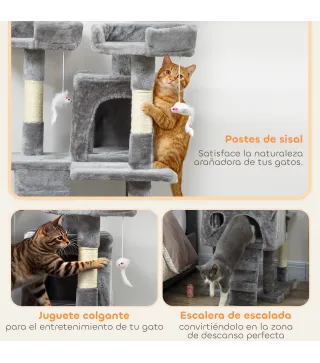 Árbol Rascador para Gatos Árbol para Gatos 153 cm con 2 Cuevas 3 Camas 2 Rampas Postes de Sisal Ratones Colgantes Gris