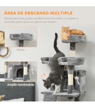 Árbol Rascador para Gatos Árbol para Gatos 153 cm con 2 Cuevas 3 Camas 2 Rampas Postes de Sisal Ratones Colgantes Gris