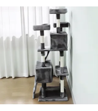 Árbol Rascador para Gatos Árbol para Gatos 153 cm con 2 Cuevas 3 Camas 2 Rampas Postes de Sisal Ratones Colgantes Gris