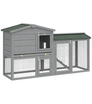 Conejera de Madera de 2 Niveles con Techo Asfáltico Bandeja Extraíble y Escalera para Exterior 150x45x85 cm Gris