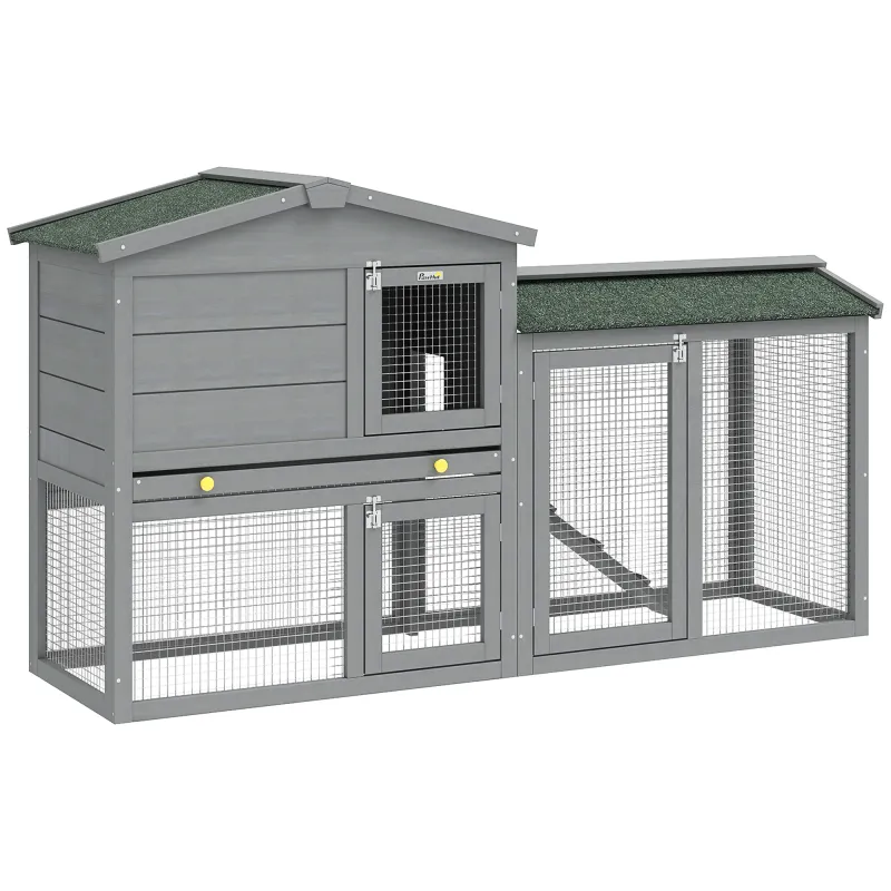 Conejera de Madera de 2 Niveles con Techo Asfáltico Bandeja Extraíble y Escalera para Exterior 150x45x85 cm Gris