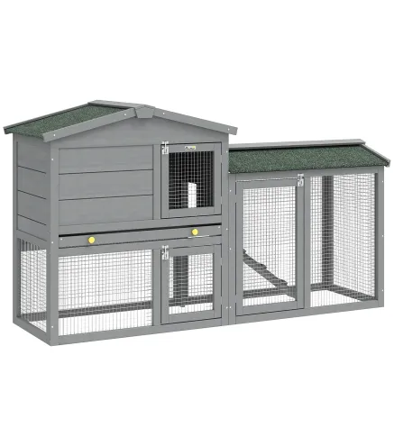 Conejera de Madera de 2 Niveles con Techo Asfáltico Bandeja Extraíble y Escalera para Exterior 150x45x85 cm Gris