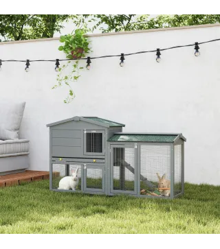 Conejera de Madera de 2 Niveles con Techo Asfáltico Bandeja Extraíble y Escalera para Exterior 150x45x85 cm Gris