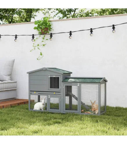 Conejera de Madera de 2 Niveles con Techo Asfáltico Bandeja Extraíble y Escalera para Exterior 150x45x85 cm Gris