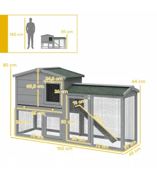 Conejera de Madera de 2 Niveles con Techo Asfáltico Bandeja Extraíble y Escalera para Exterior 150x45x85 cm Gris