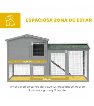 Conejera de Madera de 2 Niveles con Techo Asfáltico Bandeja Extraíble y Escalera para Exterior 150x45x85 cm Gris