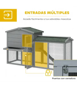 Conejera de Madera de 2 Niveles con Techo Asfáltico Bandeja Extraíble y Escalera para Exterior 150x45x85 cm Gris