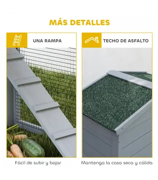 Conejera de Madera de 2 Niveles con Techo Asfáltico Bandeja Extraíble y Escalera para Exterior 150x45x85 cm Gris