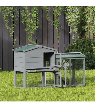 Conejera de Madera de 2 Niveles con Techo Asfáltico Bandeja Extraíble y Escalera para Exterior 150x45x85 cm Gris