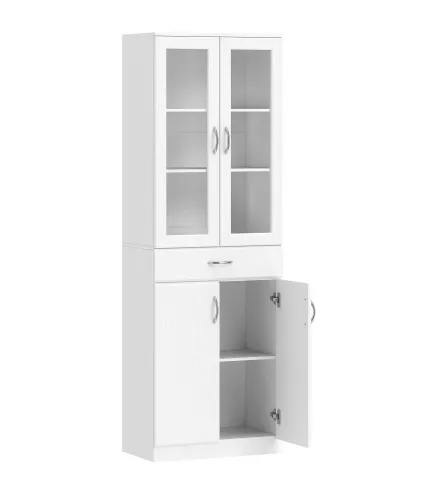 Alacena de Cocina con Puertas de Vidrio Cajón Estantes Ajustables para Comedor Salón 60x35x180 cm Blanco