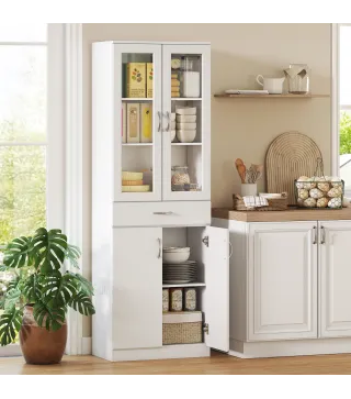 Alacena de Cocina con Puertas de Vidrio Cajón Estantes Ajustables para Comedor Salón 60x35x180 cm Blanco