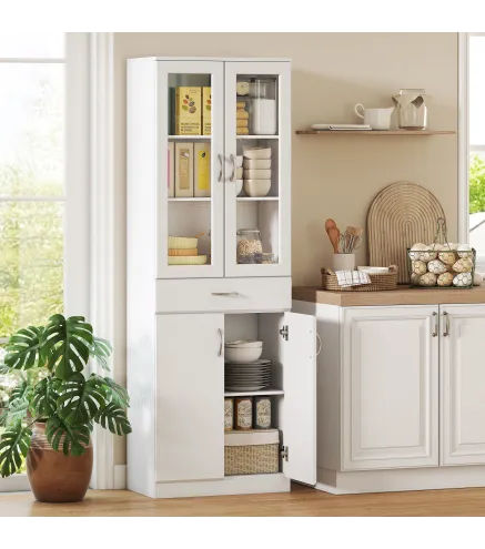 Alacena de Cocina con Puertas de Vidrio Cajón Estantes Ajustables para Comedor Salón 60x35x180 cm Blanco