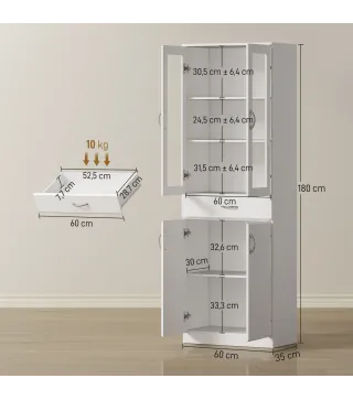 Alacena de Cocina con Puertas de Vidrio Cajón Estantes Ajustables para Comedor Salón 60x35x180 cm Blanco
