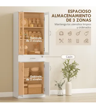 Alacena de Cocina con Puertas de Vidrio Cajón Estantes Ajustables para Comedor Salón 60x35x180 cm Blanco