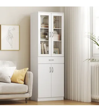 Alacena de Cocina con Puertas de Vidrio Cajón Estantes Ajustables para Comedor Salón 60x35x180 cm Blanco