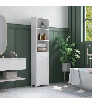 Armario Alto de Baño Estrecho con 1 Cajón y 3 Estantes Abiertos Columna de Baño Estilo Moderno para Salón Aseo Cocina 34x24x170