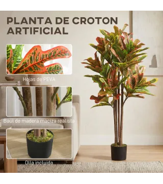 Crotón Artificial 120 cm Planta Artificial Decorativa con Maceta y Hojas para Decoración del Interior Multicolor