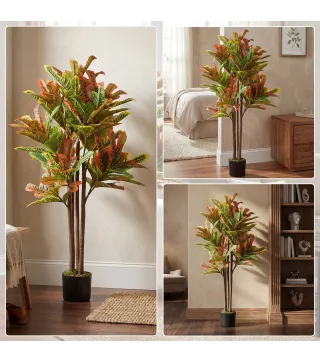 Crotón Artificial 120 cm Planta Artificial Decorativa con Maceta y Hojas para Decoración del Interior Multicolor