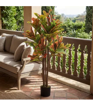 Crotón Artificial 120 cm Planta Artificial Decorativa con Maceta y Hojas para Decoración del Interior Multicolor