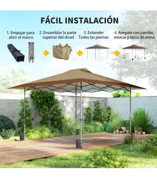 Carpa Plegable Pop-up 4x4 m con Bloqueo Central UPF50+ Altura Ajustable Bolsas de Arena y Bolsa con Ruedas Beige y Café