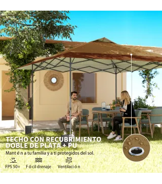 Carpa Plegable Pop-up 4x4 m con Bloqueo Central UPF50+ Altura Ajustable Bolsas de Arena y Bolsa con Ruedas Beige y Café
