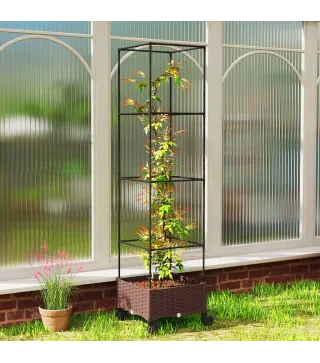 Jardinera con Enrejado Ruedas con Drenaje para Cultivos Verduras Flores Hierbas 40x40x165 cm Marrón