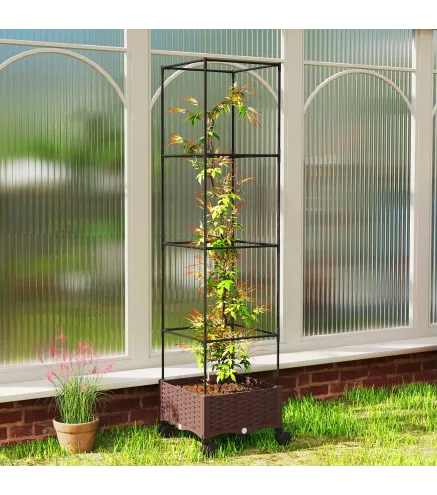 Jardinera con Enrejado Ruedas con Drenaje para Cultivos Verduras Flores Hierbas 40x40x165 cm Marrón