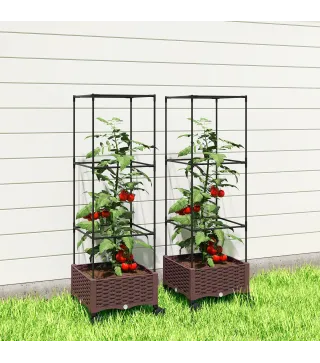 Jardinera con Enrejado Ruedas con Drenaje para Cultivos Verduras Flores Hierbas 40x40x165 cm Marrón