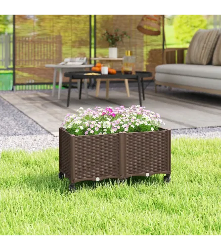 Jardinera Elevada con 6 Ruedas Riego Automático y Drenaje Macetero Exterior para Jardín 80x40x43 cm Marrón