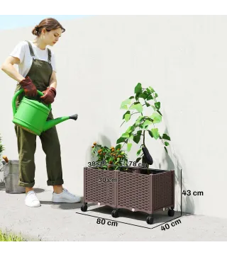 Jardinera Elevada con 6 Ruedas Riego Automático y Drenaje Macetero Exterior para Jardín 80x40x43 cm Marrón