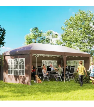 Carpa Plegable 6x3 m Pop-up con 4 Laterales Desmontables Cenador de Jardín con 4 Ventanas y Bolsa de Transporte Café