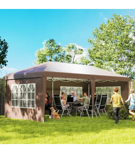 Carpa Plegable 6x3 m Pop-up con 4 Laterales Desmontables Cenador de Jardín con 4 Ventanas y Bolsa de Transporte Café