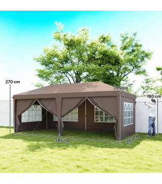 Carpa Plegable 6x3 m Pop-up con 4 Laterales Desmontables Cenador de Jardín con 4 Ventanas y Bolsa de Transporte Café