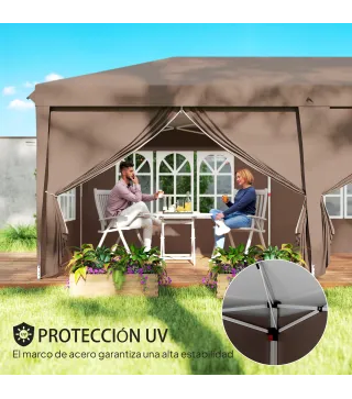 Carpa Plegable 6x3 m Pop-up con 4 Laterales Desmontables Cenador de Jardín con 4 Ventanas y Bolsa de Transporte Café