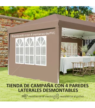 Carpa Plegable 6x3 m Pop-up con 4 Laterales Desmontables Cenador de Jardín con 4 Ventanas y Bolsa de Transporte Café