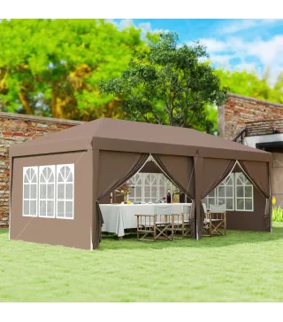 Carpa Plegable 6x3 m Pop-up con 4 Laterales Desmontables Cenador de Jardín con 4 Ventanas y Bolsa de Transporte Café