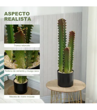 Cactus Artificial 66 cm Planta Artificial Decorativa con Maceta y 3 Hojas para Decoración del Interior Verde