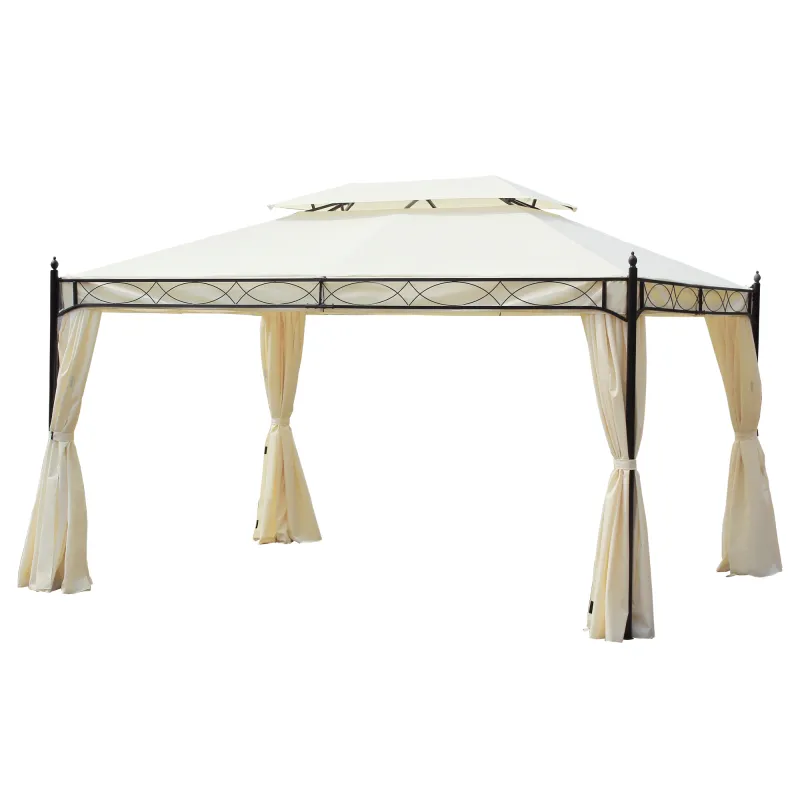 Cenador de Jardín 4x3m con Doble Techo Estructura de Acero Anti-UV para Exterior Patio 400x300x280 cm Crema