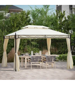 Cenador de Jardín 4x3m con Doble Techo Estructura de Acero Anti-UV para Exterior Patio 400x300x280 cm Crema