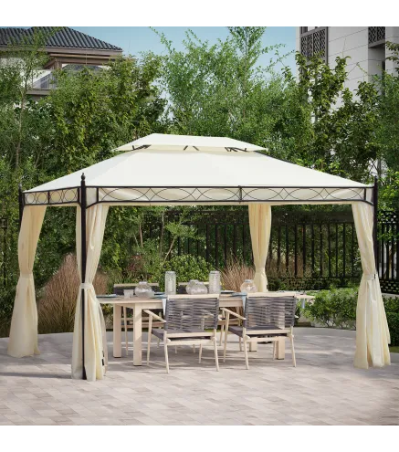 Cenador de Jardín 4x3m con Doble Techo Estructura de Acero Anti-UV para Exterior Patio 400x300x280 cm Crema