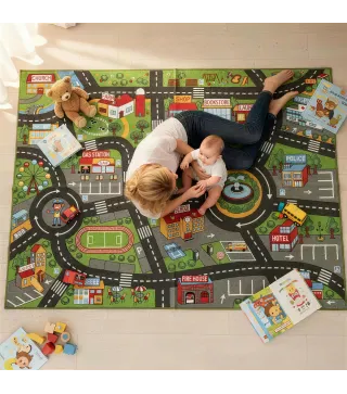 Alfombra Infantil Carretera de Ciudad 200x150 cm Alfombra Educativa Antideslizante para Gateo y Jugar con Coches