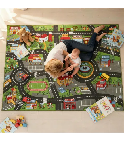 Alfombra Infantil Carretera de Ciudad 200x150 cm Alfombra Educativa Antideslizante para Gateo y Jugar con Coches