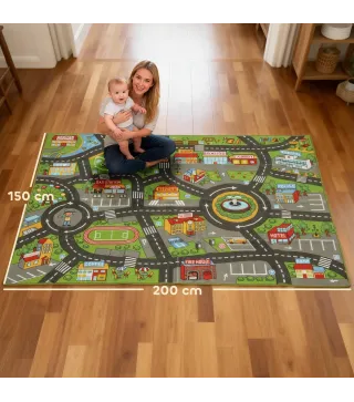 Alfombra Infantil Carretera de Ciudad 200x150 cm Alfombra Educativa Antideslizante para Gateo y Jugar con Coches