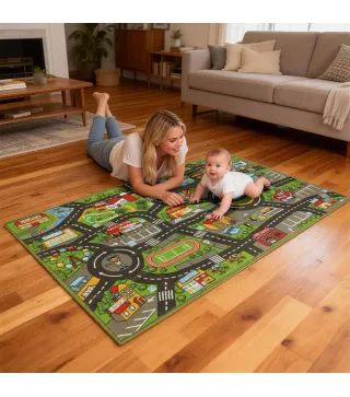 Alfombra Infantil Carretera de Ciudad 160x100 cm Alfombra Educativa Antideslizante para Gateo y Jugar con Coches