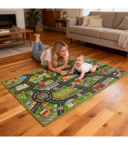 Alfombra Infantil Carretera de Ciudad 160x100 cm Alfombra Educativa Antideslizante para Gateo y Jugar con Coches