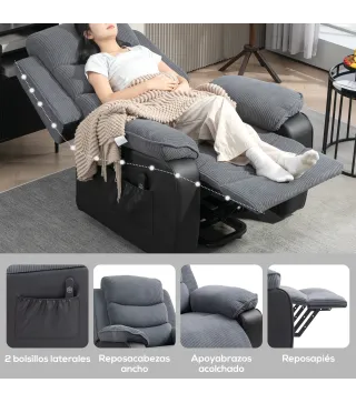 Sillón Relax Reclinable Eléctrico Levanta Personas con Mando a Distancia Puerto USB y Bolsillos Laterales Gris Oscuro
